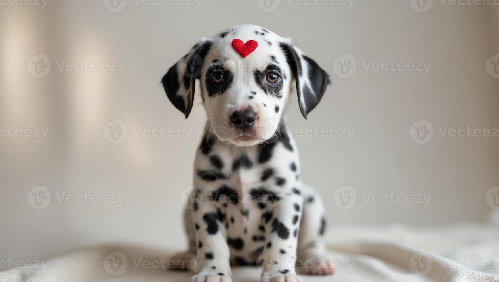 Adorable dalmatian puppy with red heart on neutral background for Valentines day design. photo