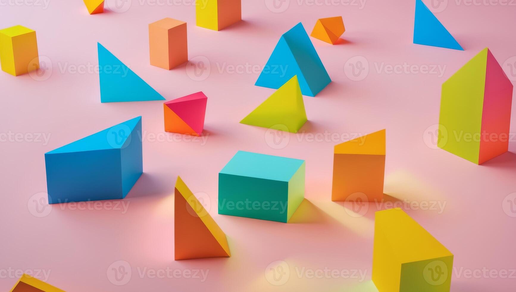 Colorful geometric shapes on pink background. photo