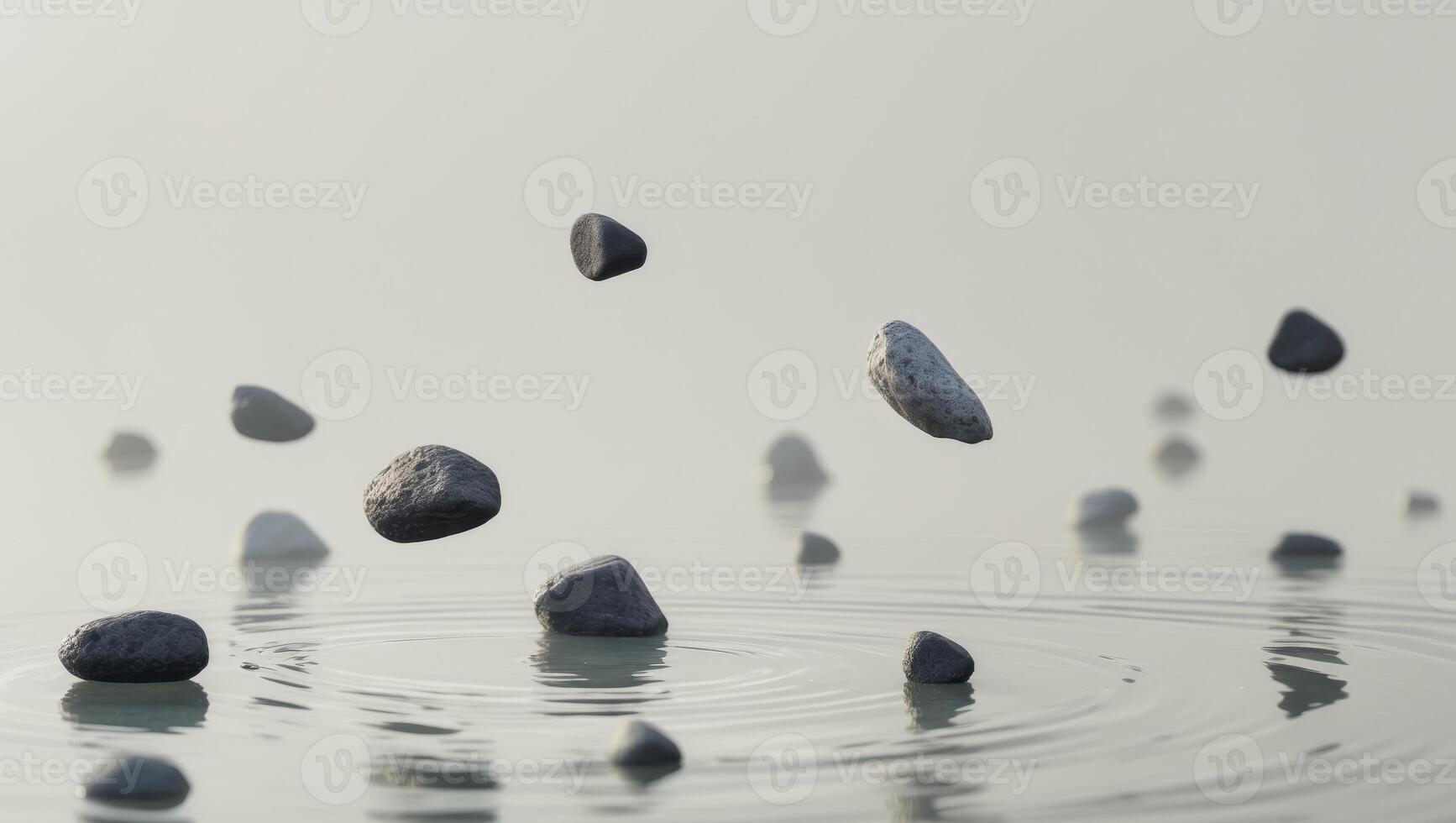A series of small rocks are floating in a body of water photo