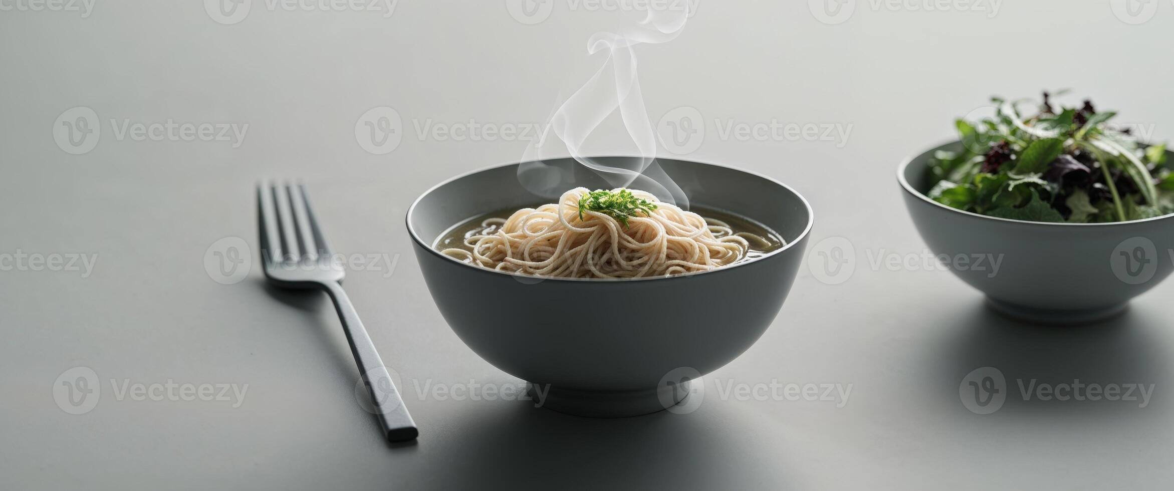 Noodles in a bowl with a fork and a bowl of salad photo