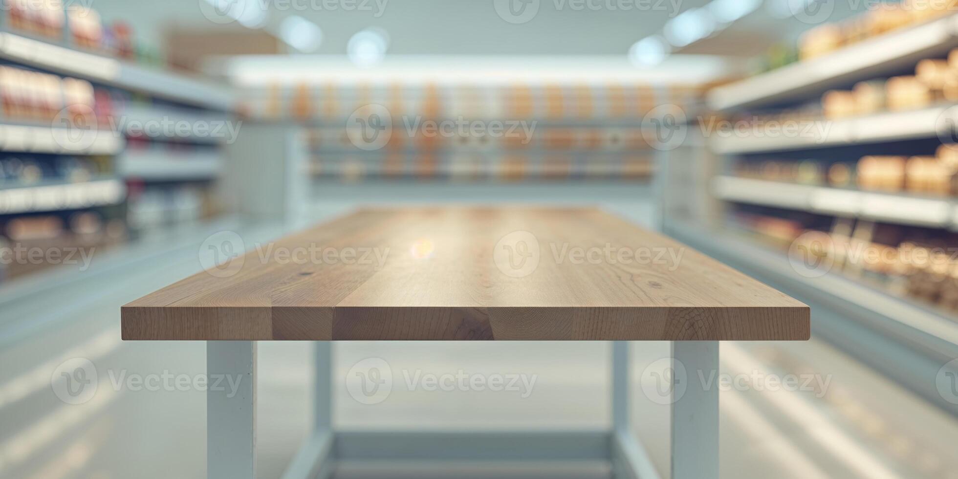Empty wood table top on shelf in supermarket blurred background. photo