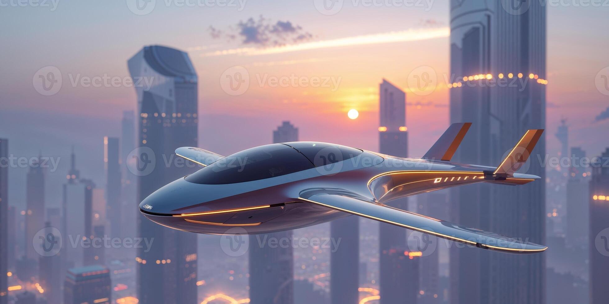 futuristic cityscape with sleek flying vehicle at sunset photo