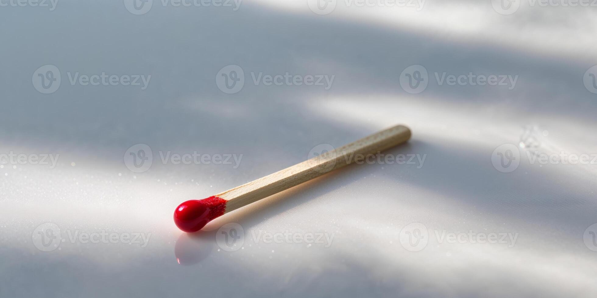 Single safety matchstick with a vibrant red tip resting on a white surface in soft lighting photo