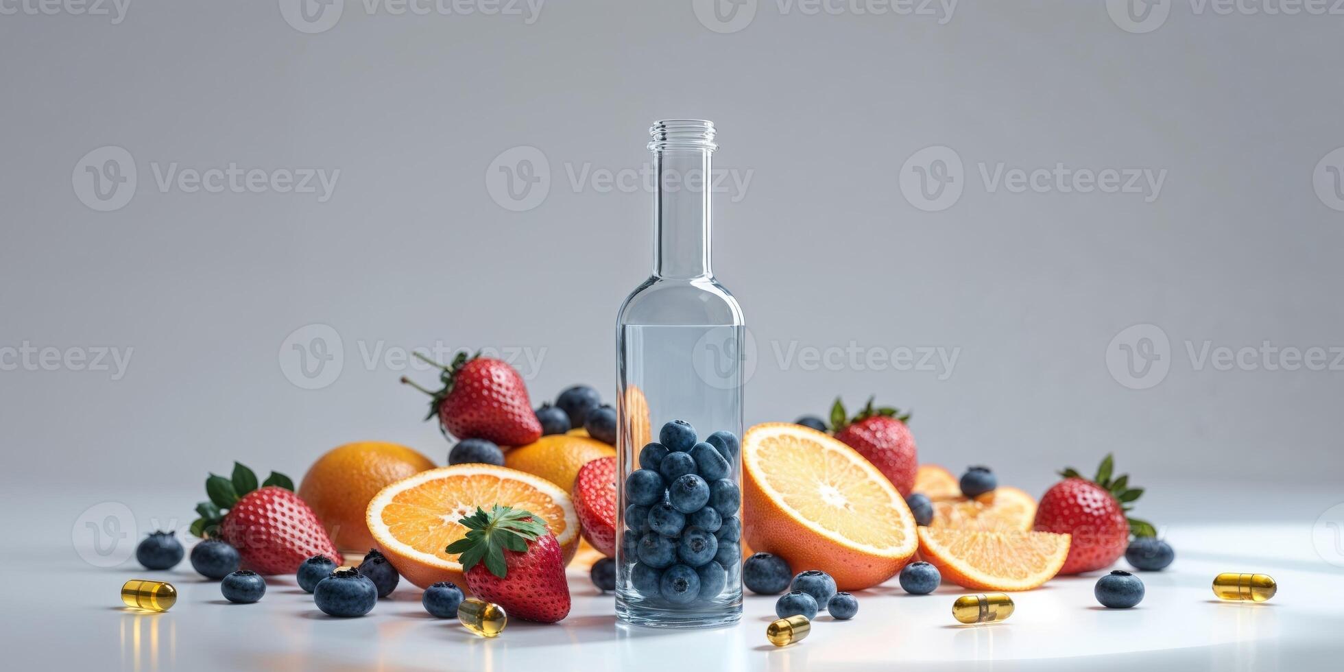 Studio shot of bottle with multivitamin capsules surrounded by fresh fruits for health and wellness. photo