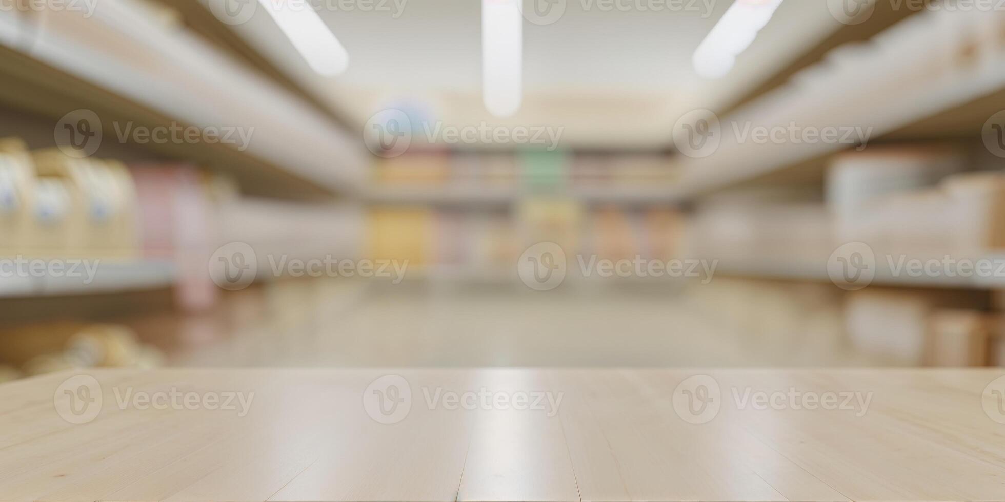 Empty wood table top on shelf in supermarket blurred background photo