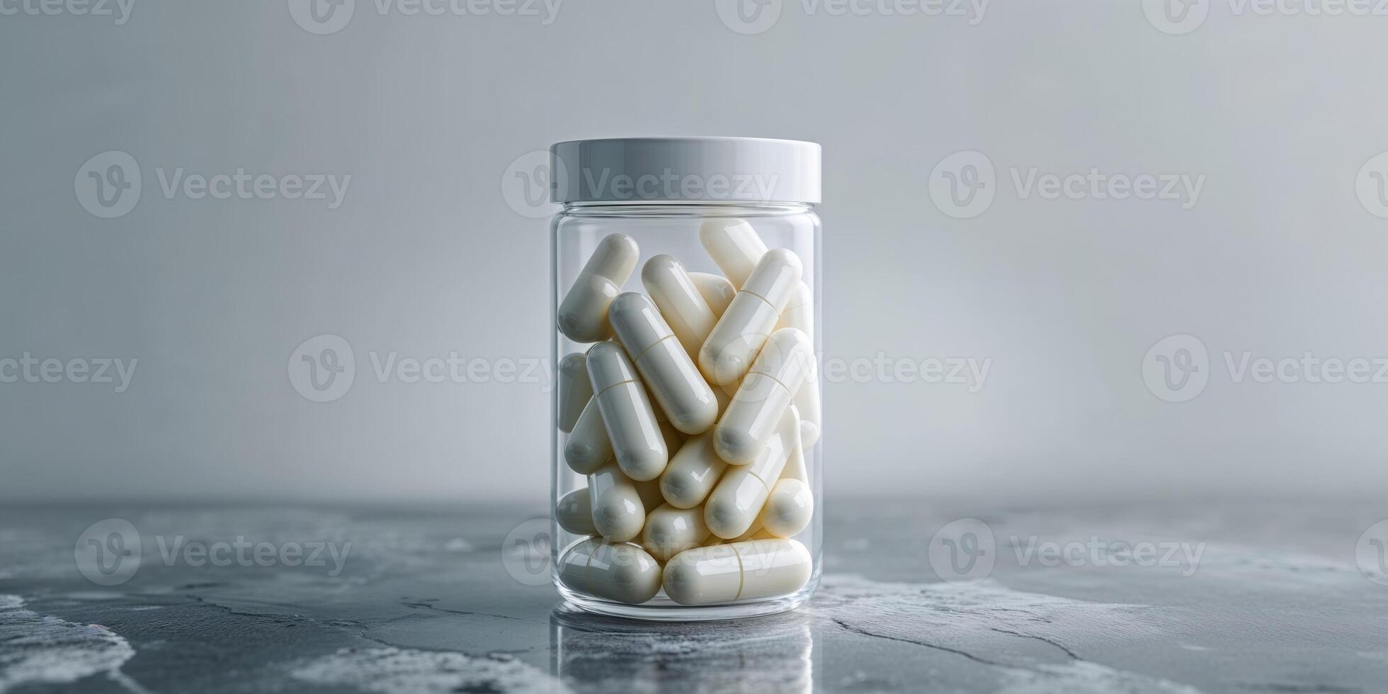 Jar of Capsules on Granite Surface with Soft Focus photo