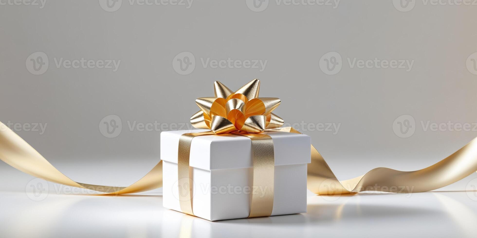 A small white gift box wrapped with a golden ribbon and tied with a shiny gold bow photo