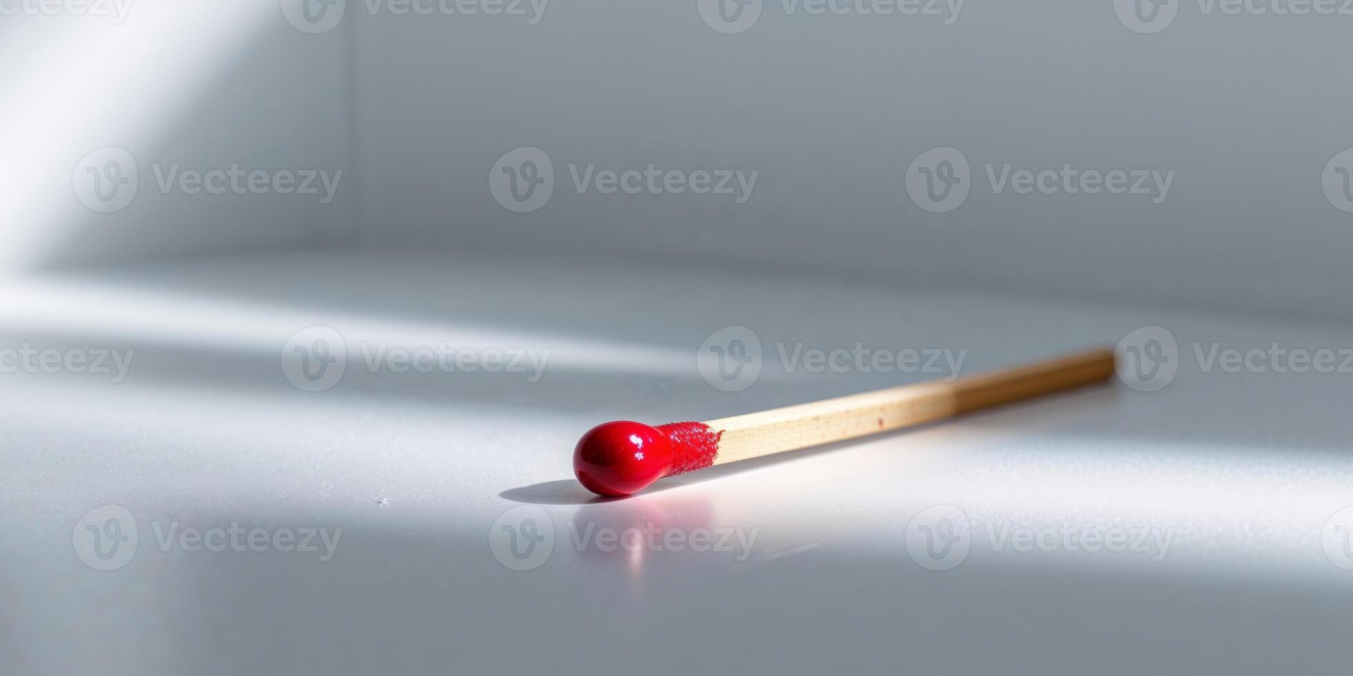 Single safety matchstick with a vibrant red tip resting on a white surface in soft lighting. photo