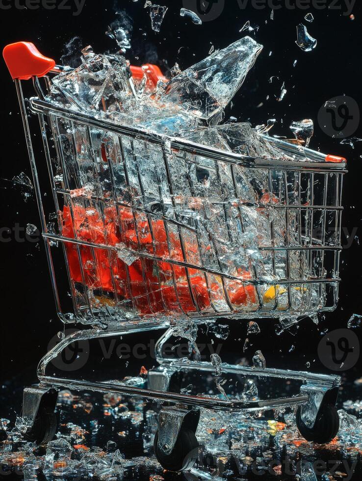 A shopping cart filled with colorful items and shattered glass, creating a dynamic splash effect. photo