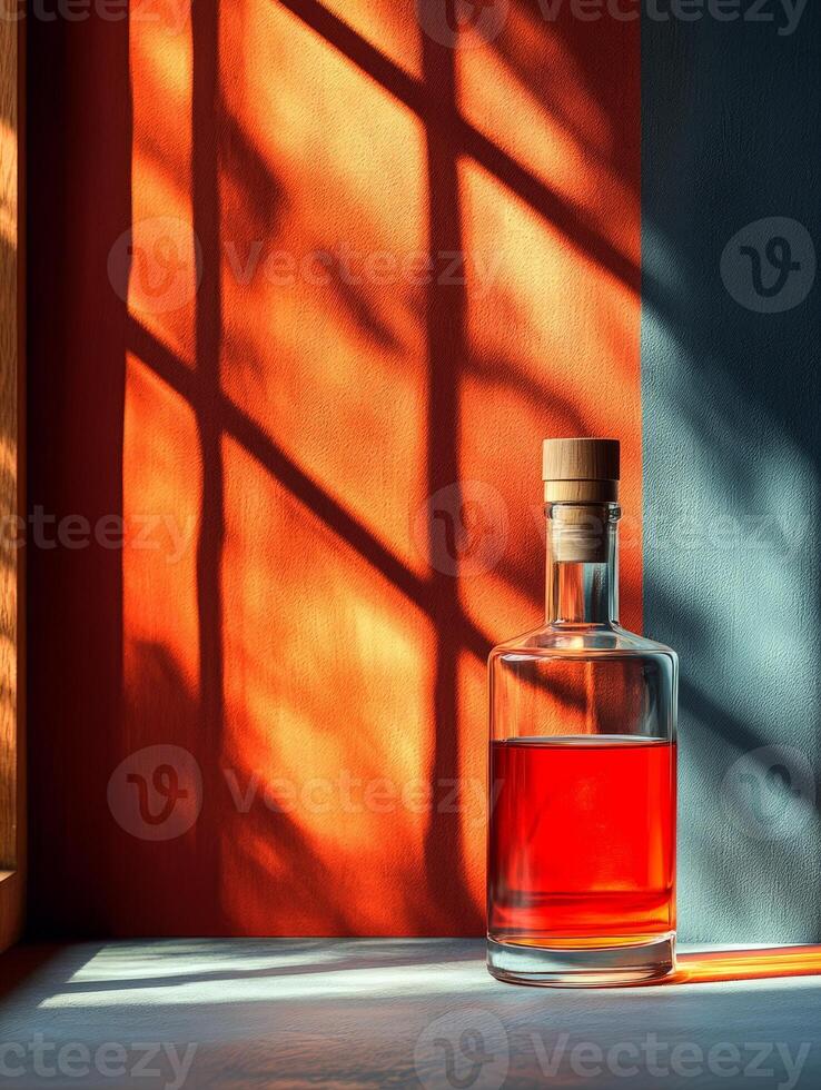 A glass bottle filled with a reddish liquid, casting shadows on a colorful wall. photo
