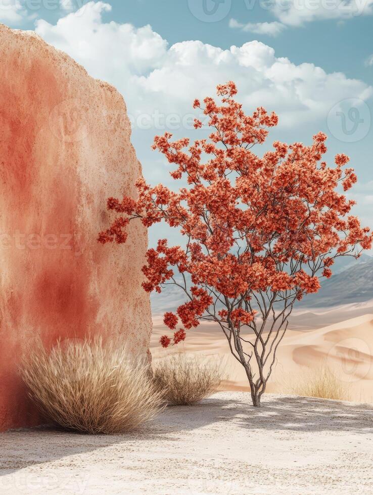 A vibrant tree with red foliage stands against a sandy landscape and rocky backdrop. photo
