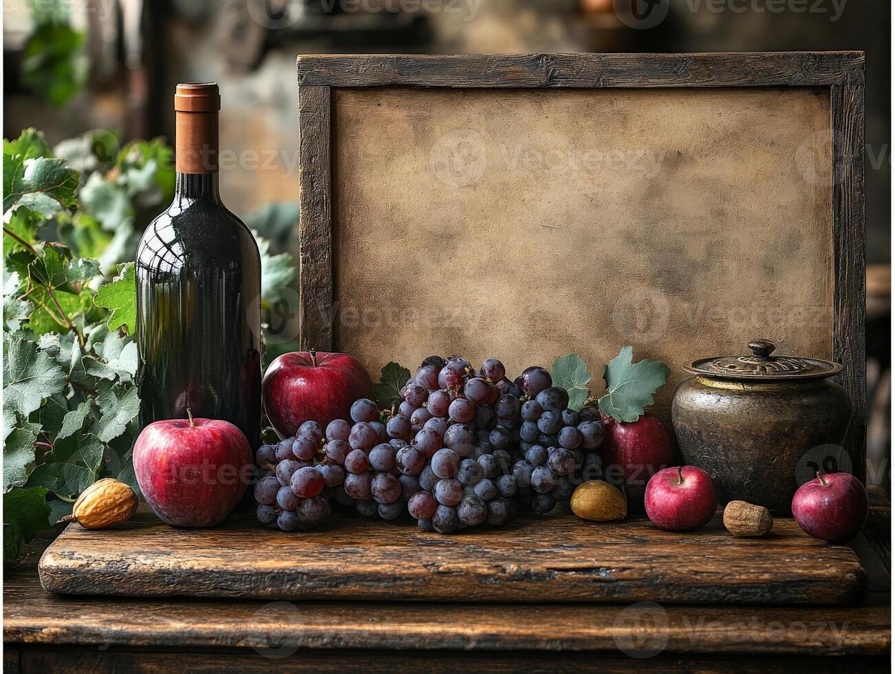 A rustic display featuring wine, fruits, and an empty frame for creative use. photo