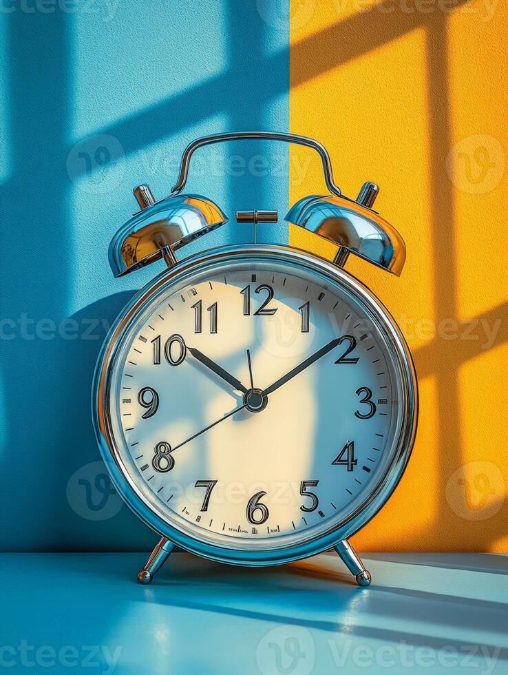 A vintage alarm clock against a colorful backdrop, casting shadows. photo