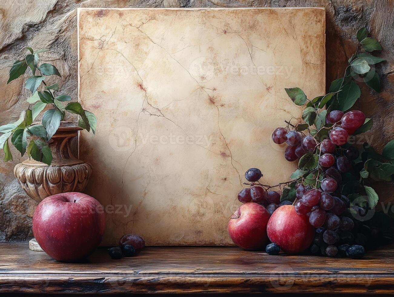 A rustic still life featuring apples, grapes, and a decorative vase against a textured backdrop. photo