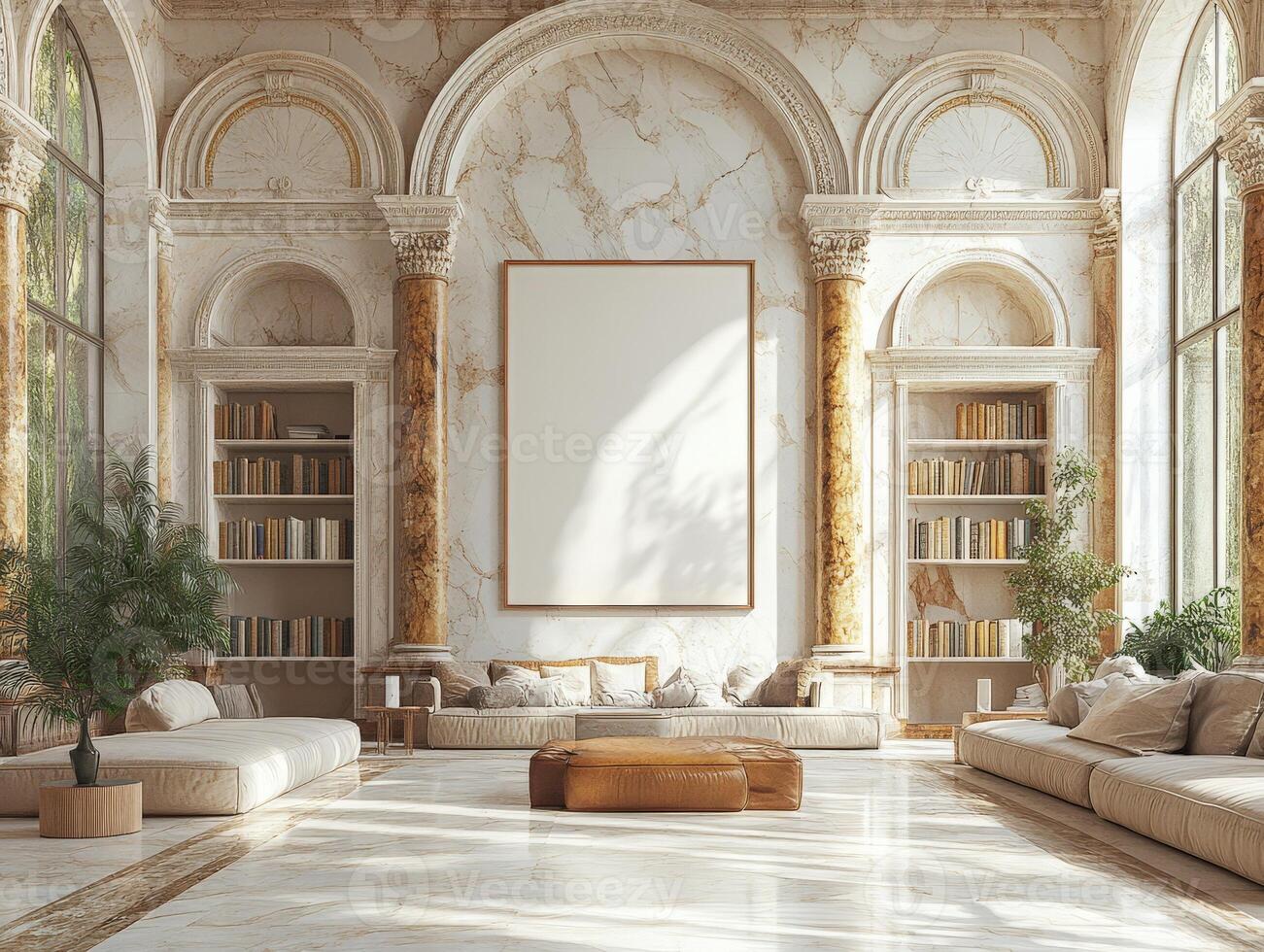 Elegant marble-finished living room with large windows and classic decor. photo