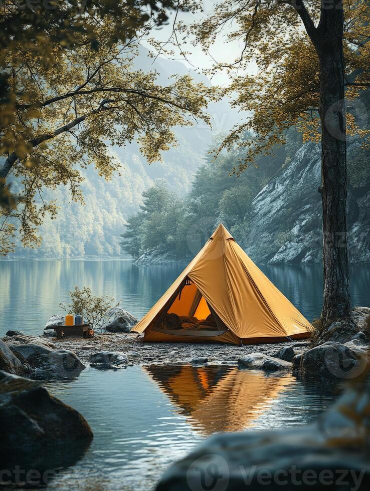 A serene campsite by a lake with a reflective yellow tent and surrounding nature. photo
