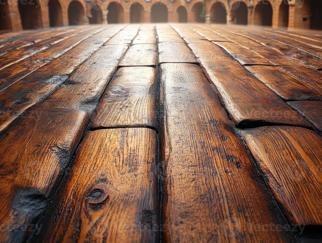 A close-up view of a polished wooden floor, showcasing its rich texture and grain patterns. photo