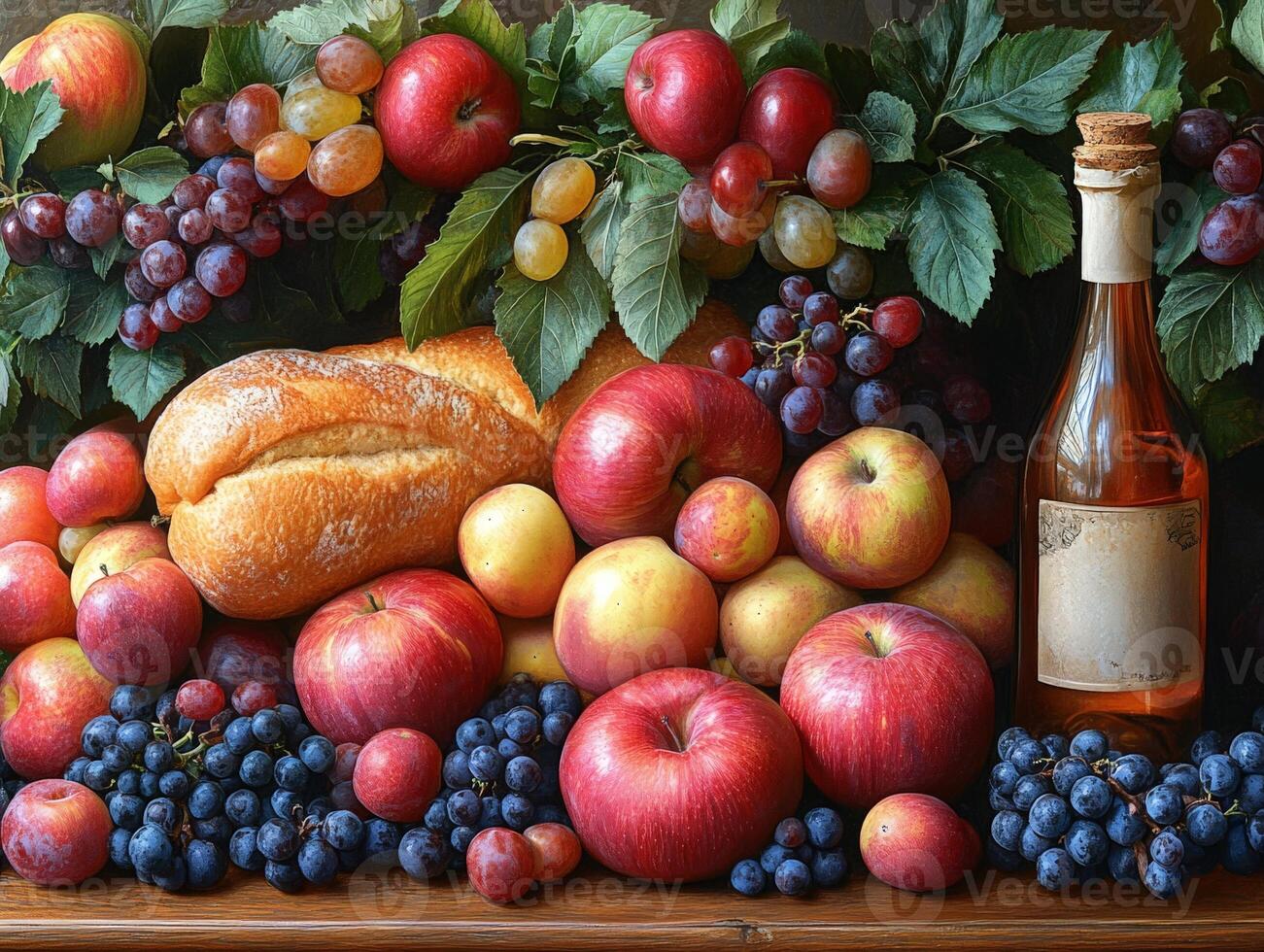 A still life featuring fruits, bread, and a bottle, showcasing abundance and natural beauty. photo