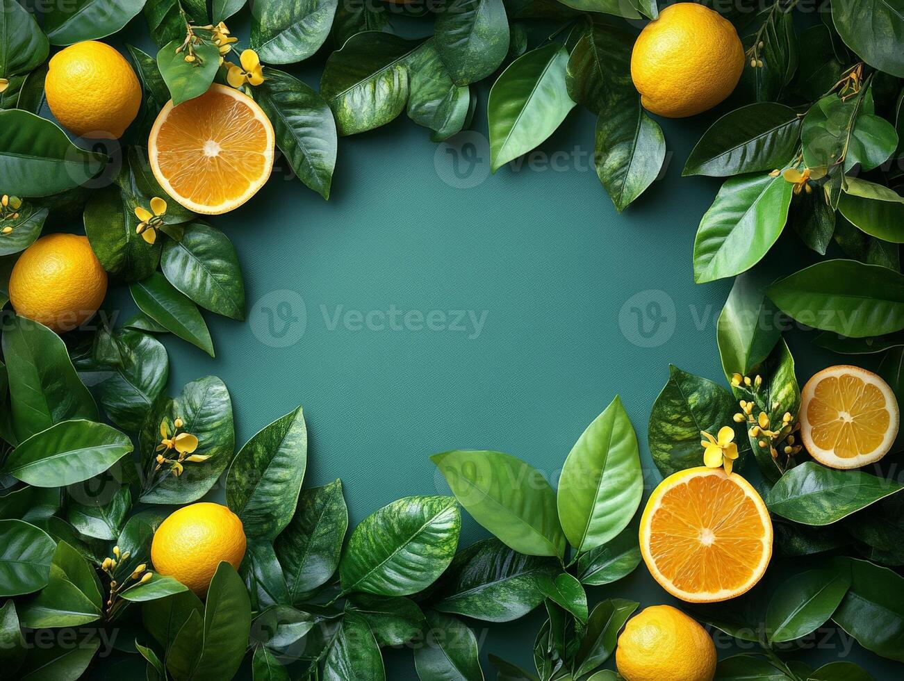 A vibrant arrangement of lemons and leaves creating a fresh, natural frame. photo