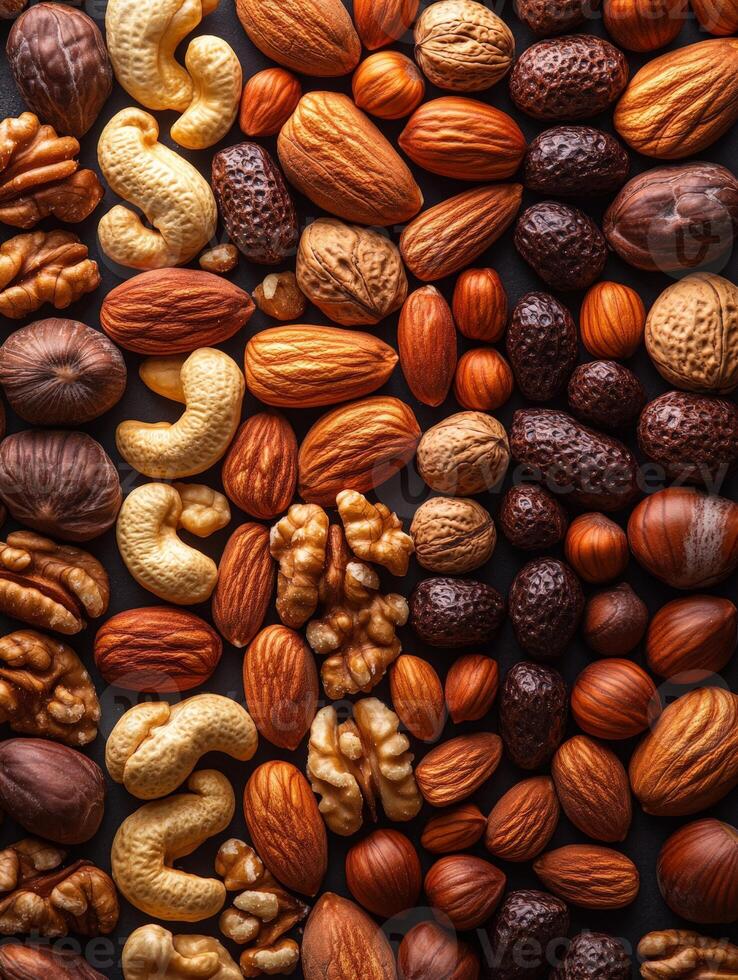 A vibrant assortment of various nuts and seeds arranged aesthetically. photo