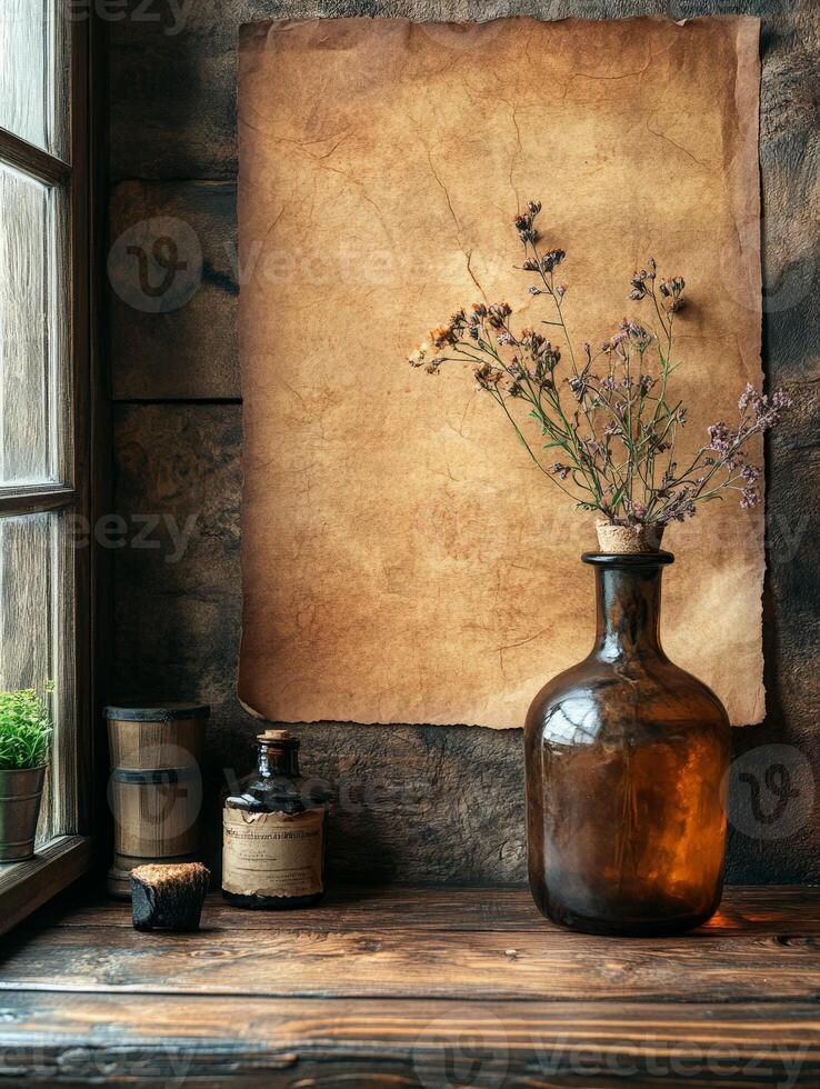 A rustic scene featuring a vintage bottle, herbs, and parchment against a wooden backdrop. photo