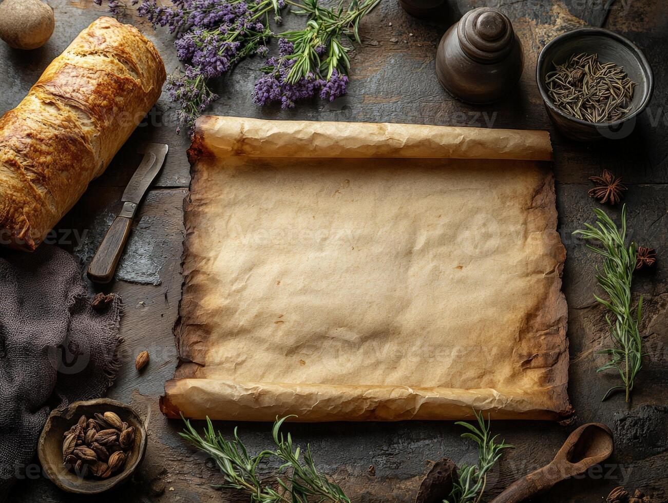 A rustic scene featuring an empty scroll surrounded by herbs, bread, and kitchen utensils. photo
