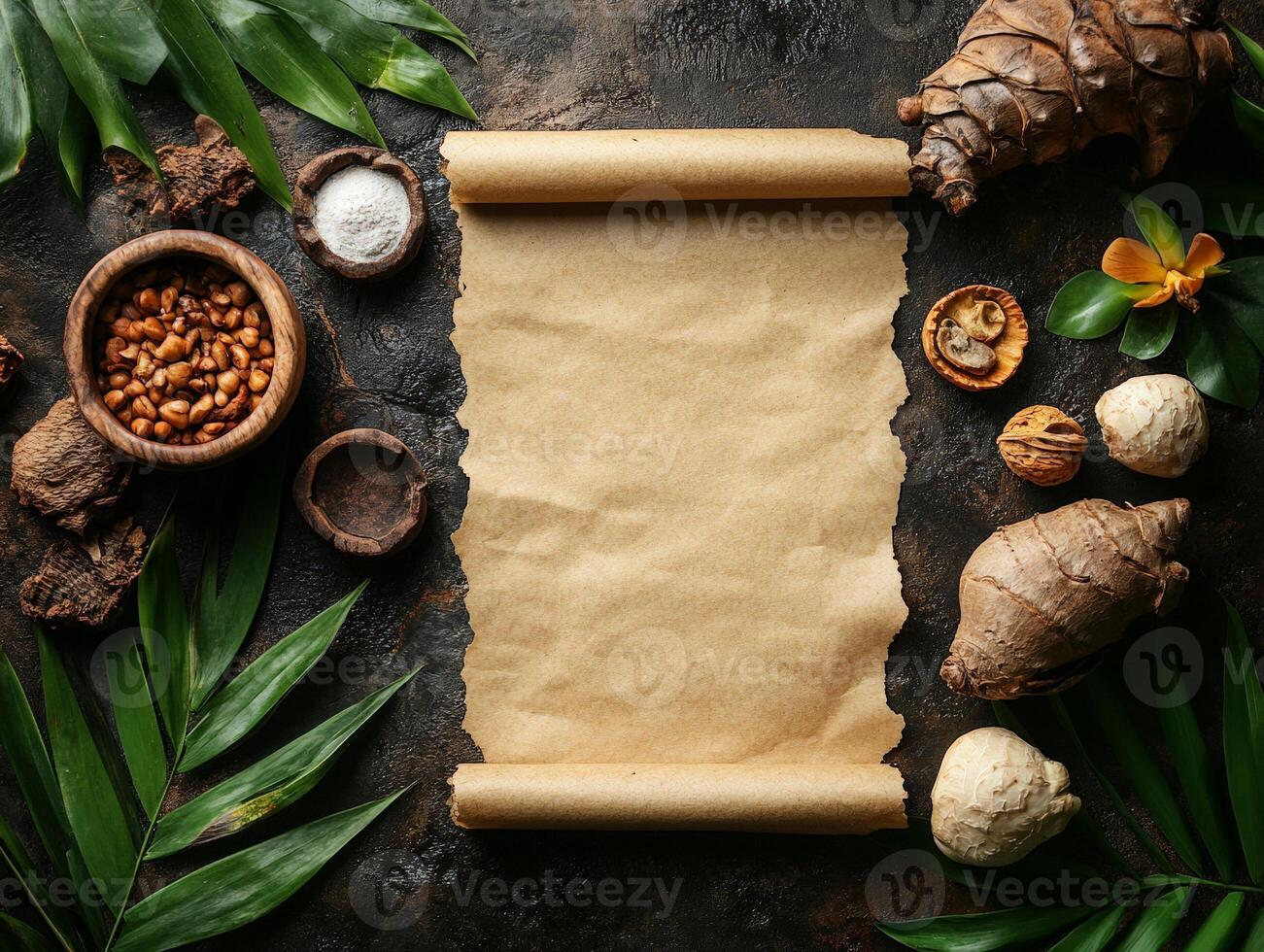 A blank scroll surrounded by natural elements, suggesting a creative or culinary theme. photo