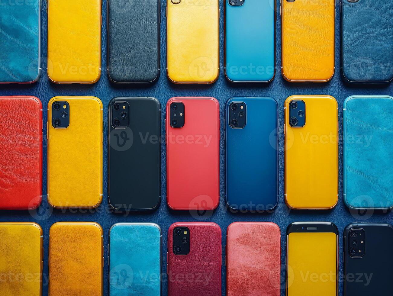 A colorful arrangement of smartphone cases in various textures and colors on a flat surface. photo