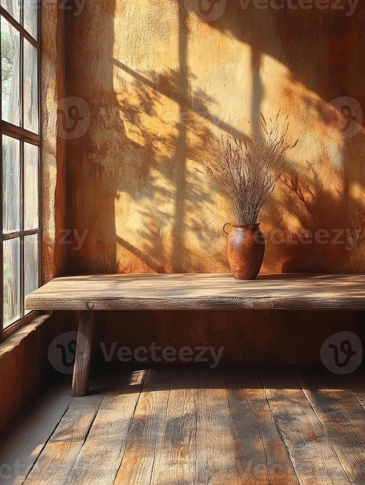 A rustic interior with a wooden table, vase, and warm light casting shadows. photo