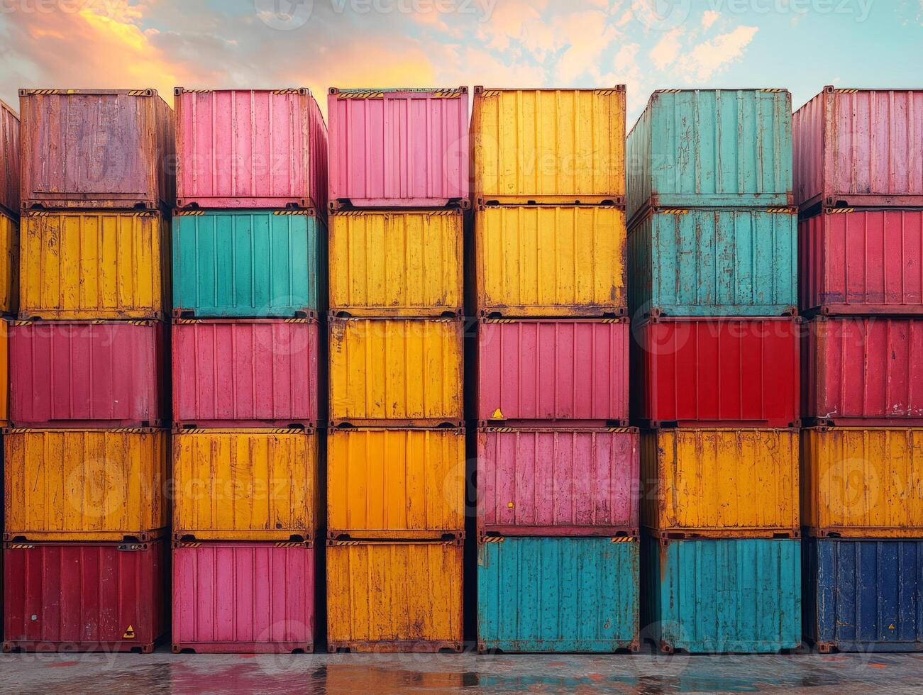 A colorful array of shipping containers stacked in an industrial setting. photo