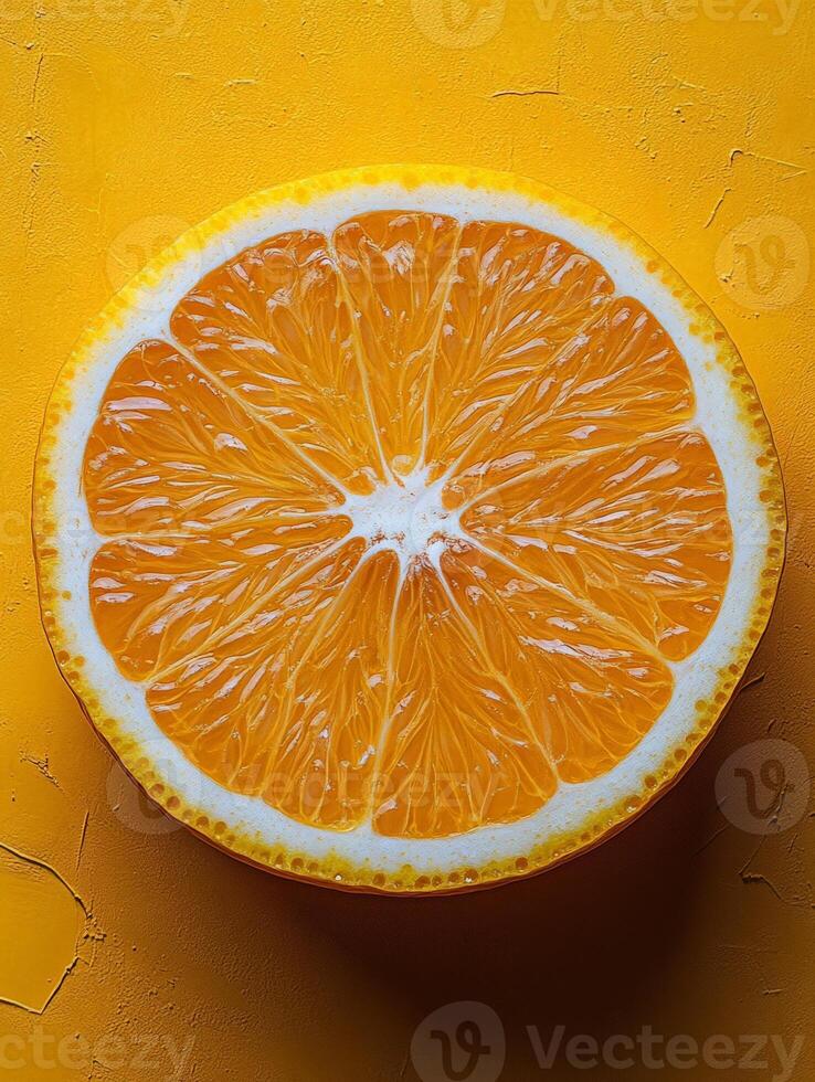 A vibrant, close-up view of a freshly cut orange showcasing its juicy segments. photo