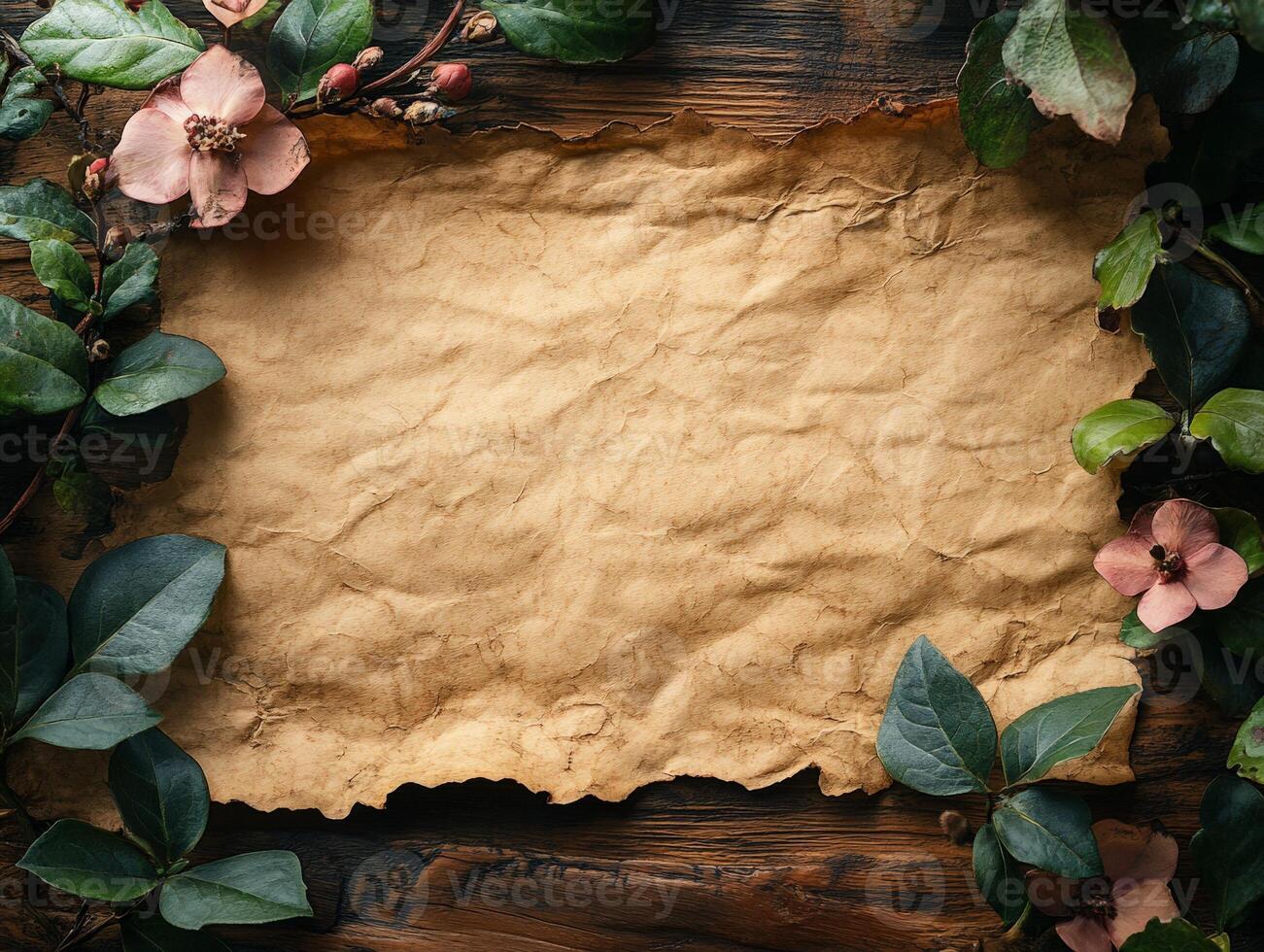 A textured, crumpled paper surrounded by leaves and flowers, ideal for crafting or invitations. photo