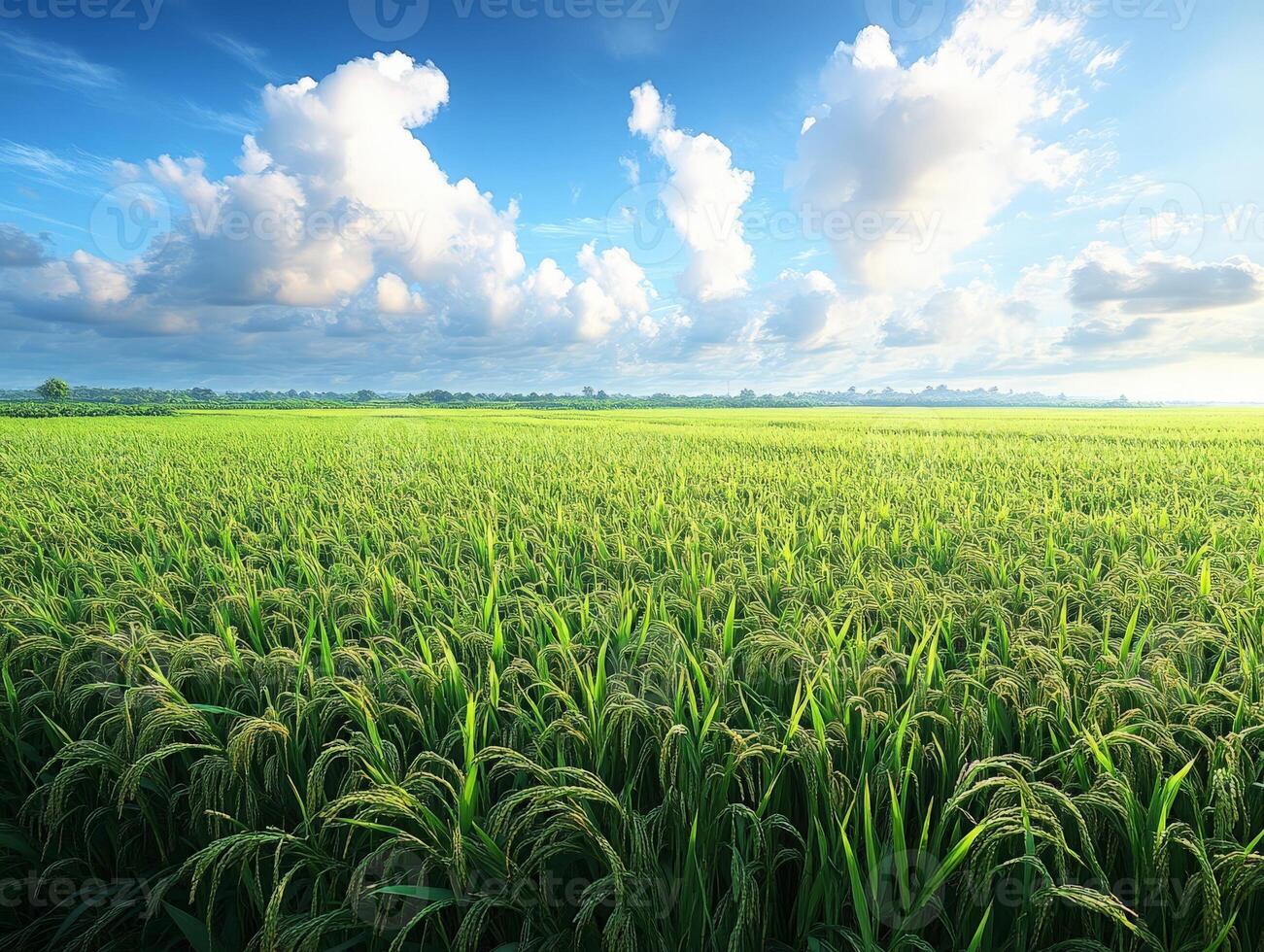 Lush green rice field under a bright blue sky with fluffy clouds. photo