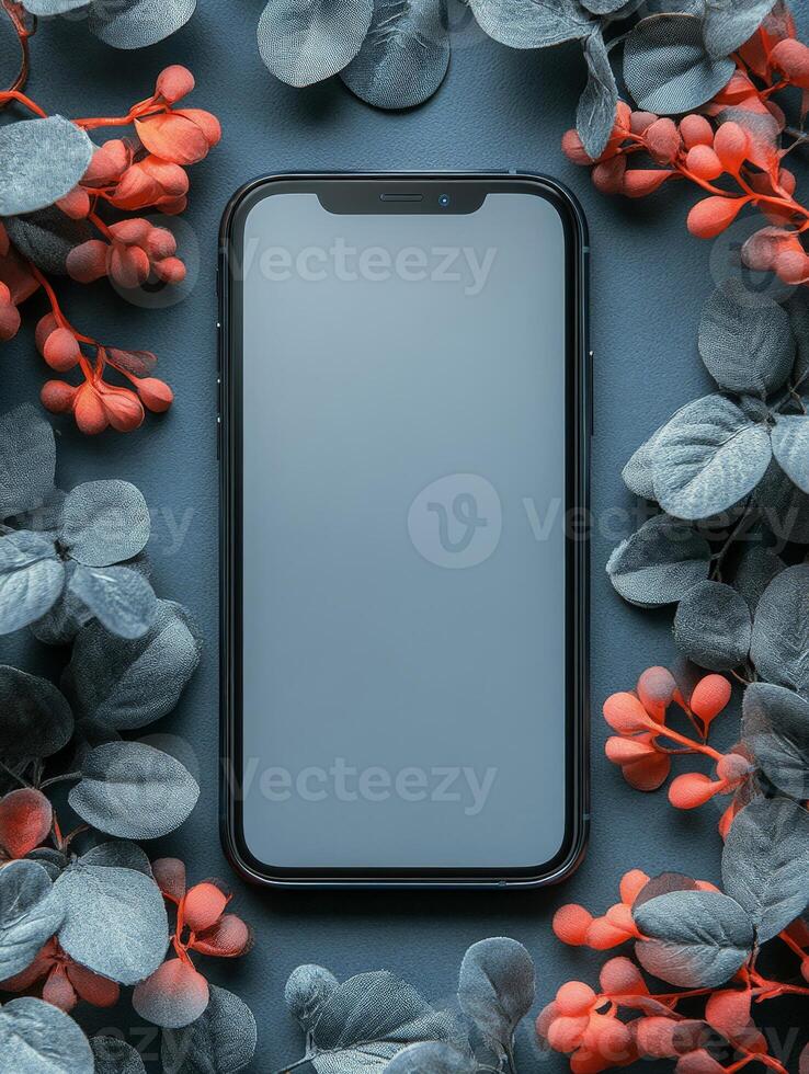 A smartphone surrounded by decorative foliage and berries, showcasing a minimalist aesthetic. photo