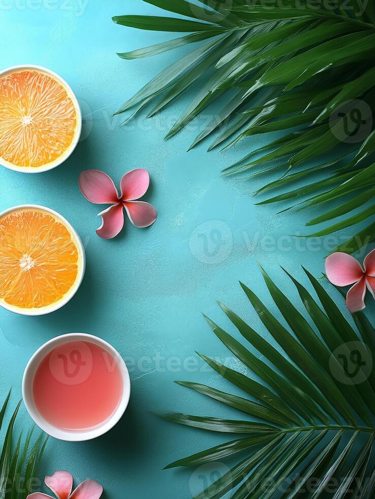 A vibrant tropical arrangement featuring orange slices, pink flowers, and green leaves on a blue background. photo