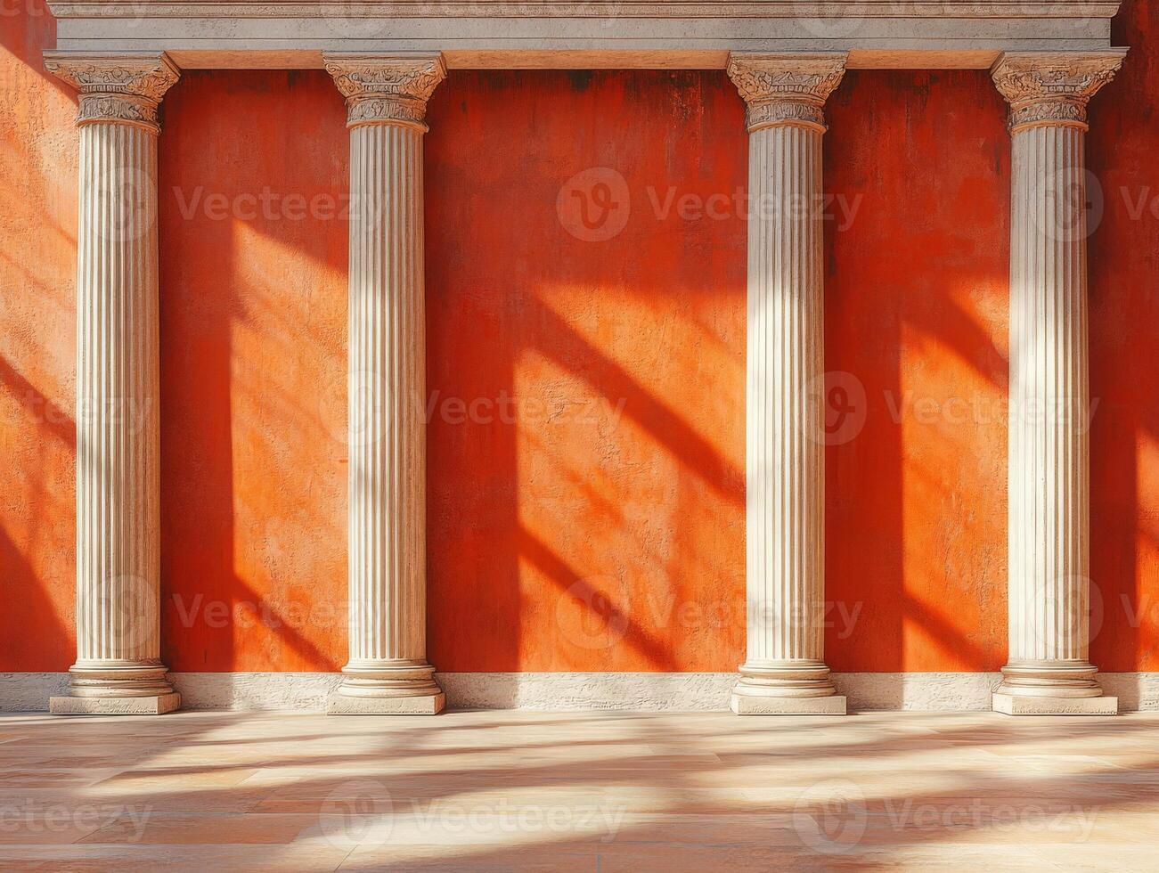 A vibrant orange wall with classical columns casting shadows in a spacious area. photo