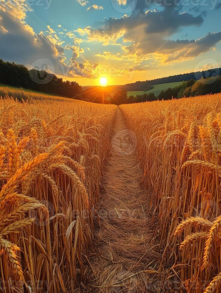A golden wheat field stretches towards the horizon, illuminated by a vibrant sunset. photo