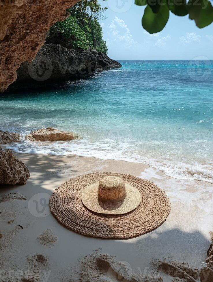 A serene beach scene featuring a straw hat on a round mat near gentle waves. photo