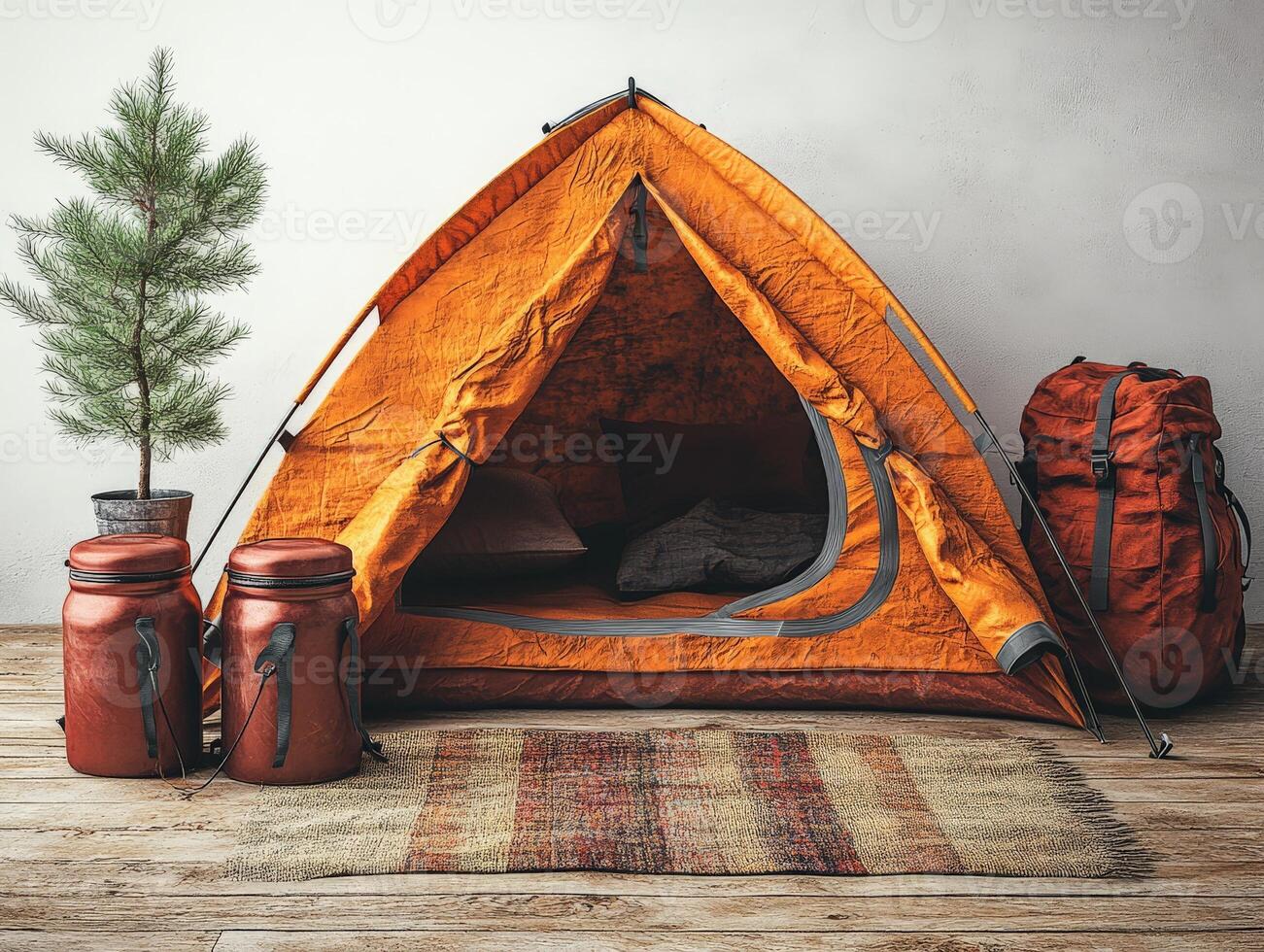 A cozy orange tent set up indoors with backpacks and jars, suggesting a camping theme. photo