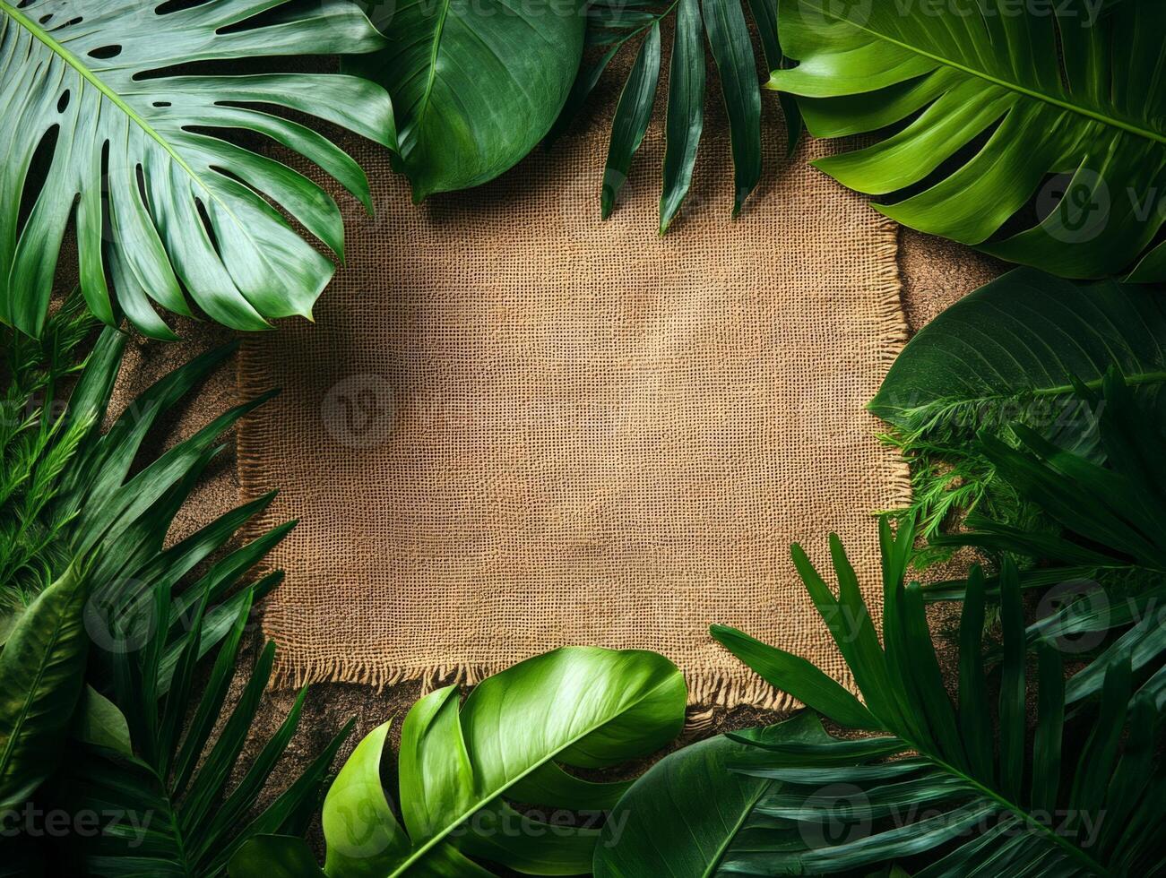 A natural frame of tropical leaves surrounding a textured burlap background. photo