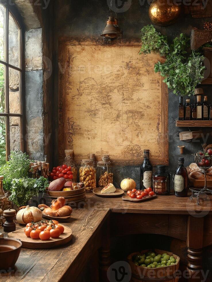A rustic kitchen scene with fresh produce, herbs, and a vintage map on the wall. photo
