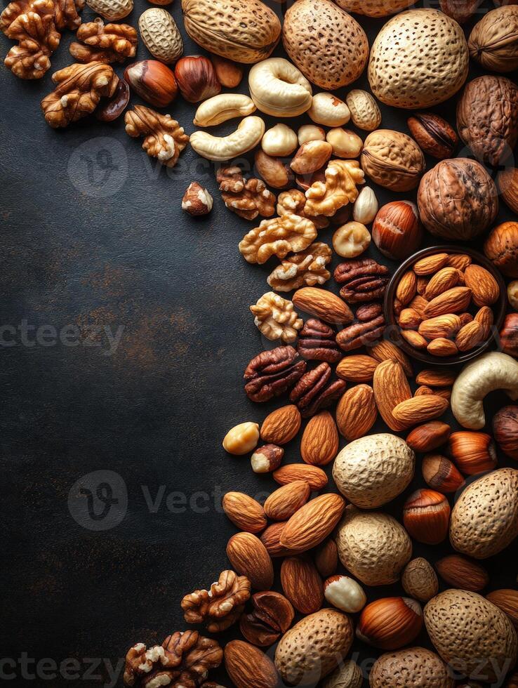 A variety of nuts arranged artistically on a dark surface, highlighting their textures and colors. photo