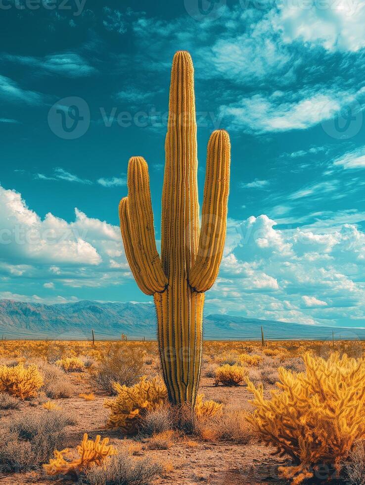 A tall cactus stands against a vibrant sky in a desert landscape. photo