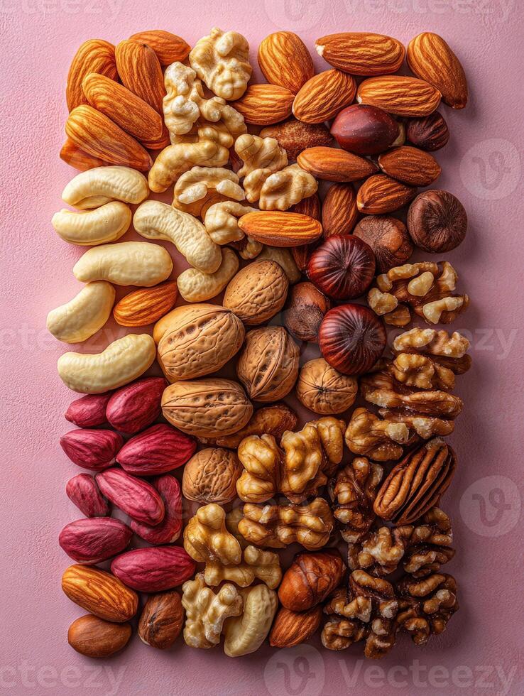 A colorful assortment of various nuts arranged in a visually appealing pattern. photo