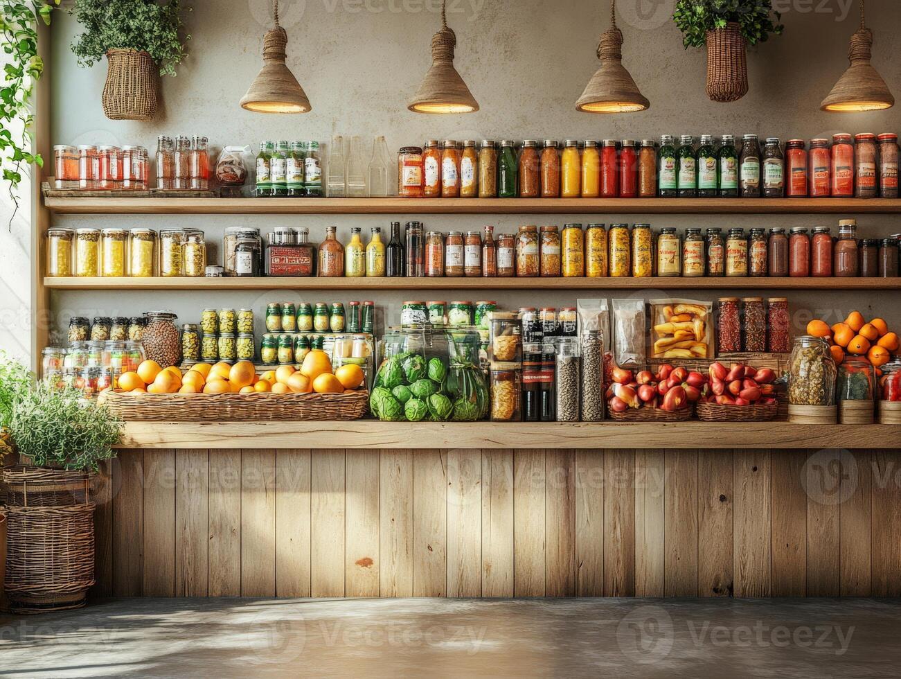 A vibrant market display featuring fresh produce and assorted beverages on wooden shelves. photo