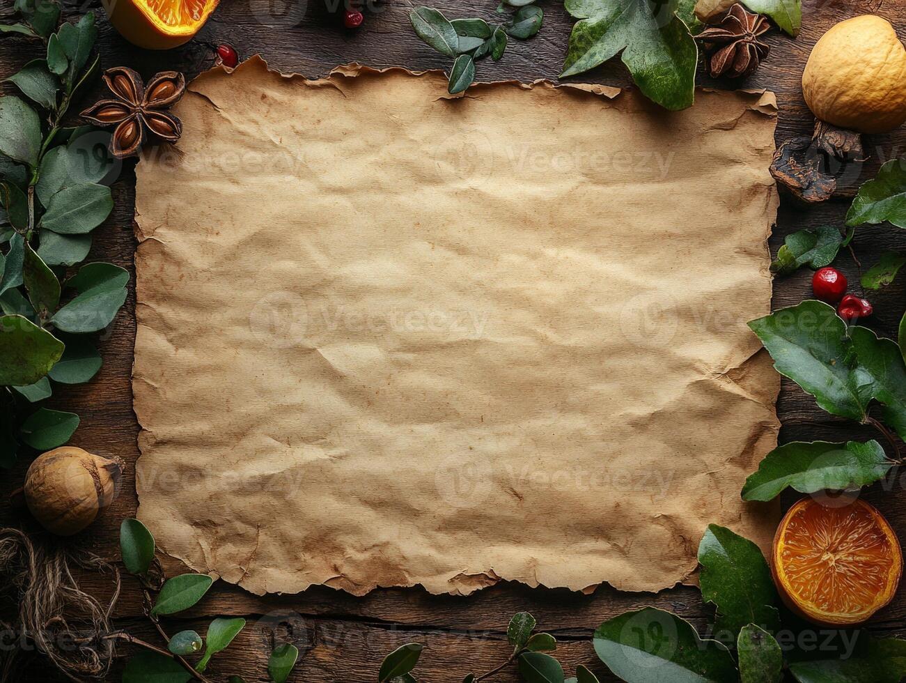 A textured parchment surrounded by natural elements for creative or decorative purposes. photo