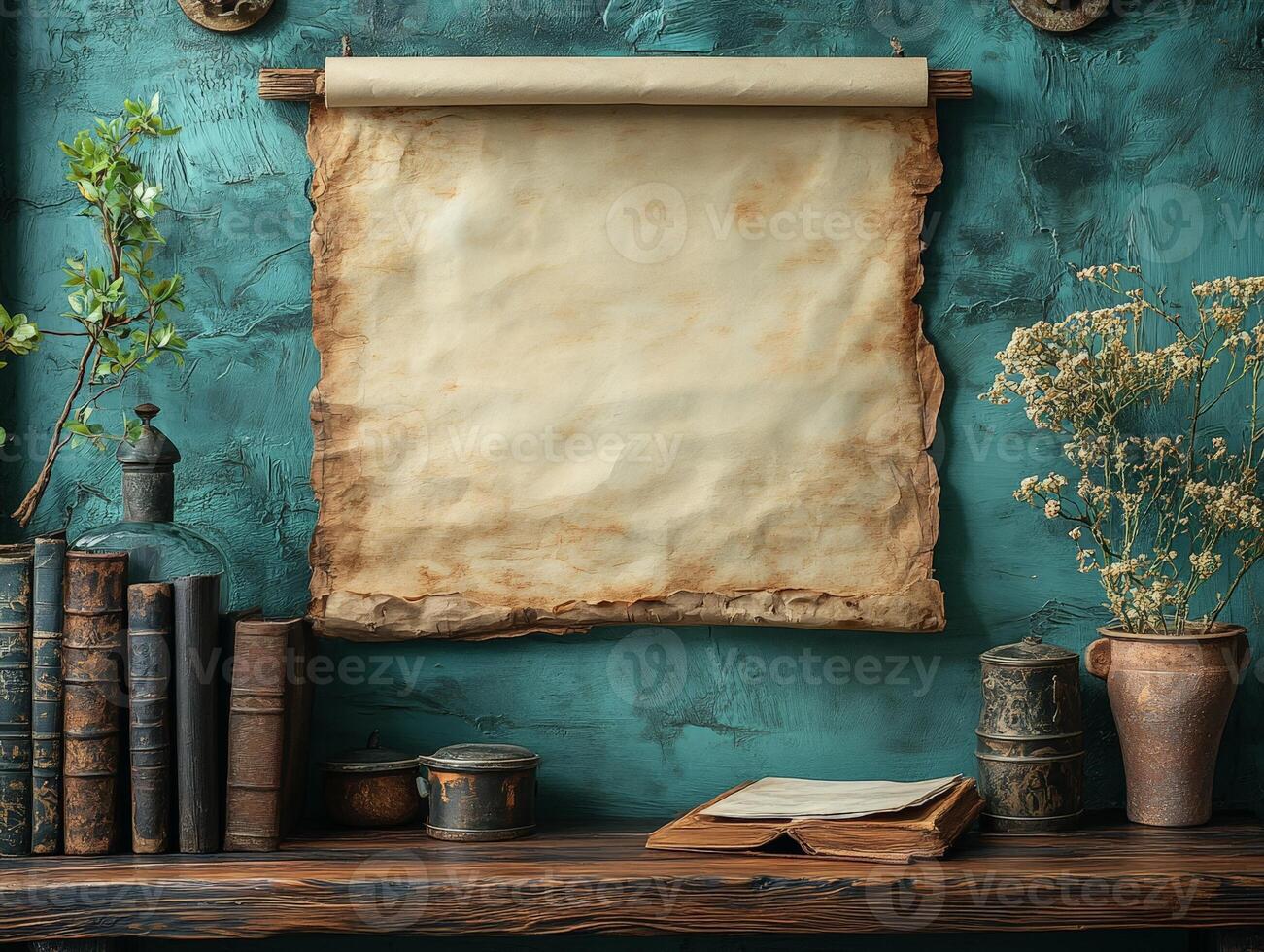 A rustic setting featuring an empty scroll, books, and plants on a wooden shelf. photo