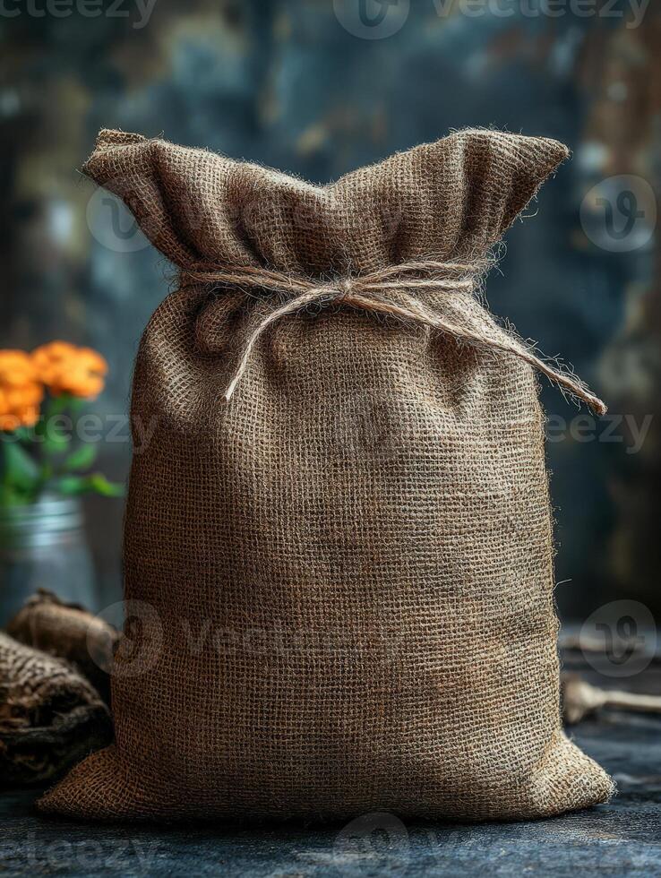 A burlap sack tied with twine, suggesting storage or transport of goods. photo