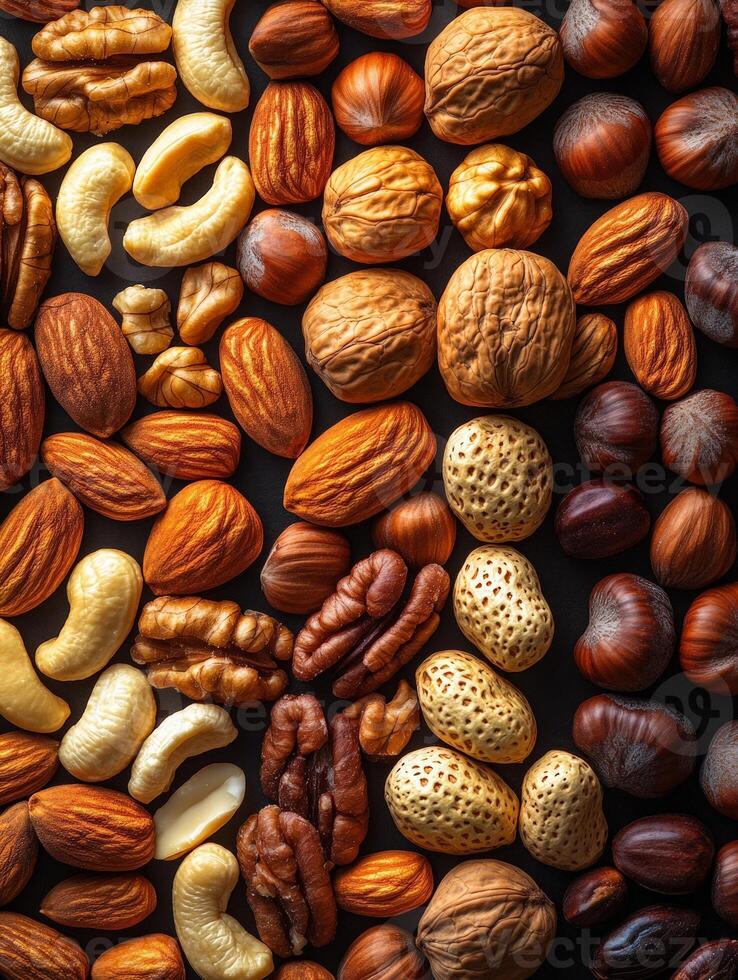 A variety of nuts arranged aesthetically on a dark surface. photo