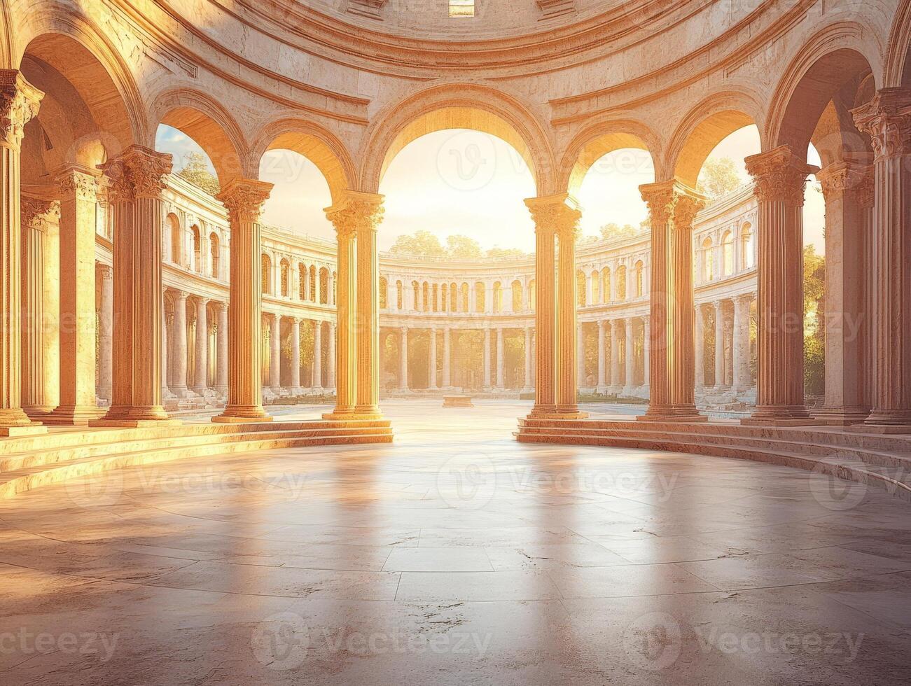 A serene ancient architectural space with arches and soft sunlight filtering through. photo